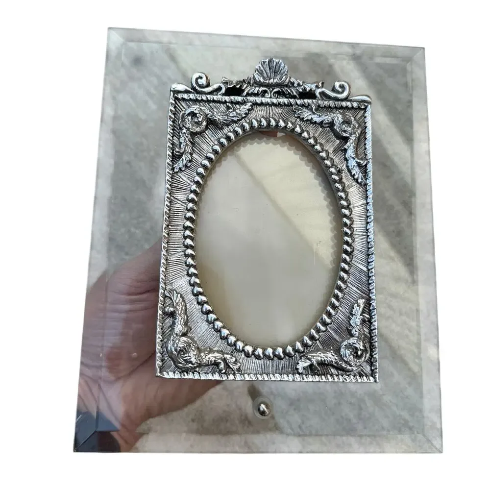 VTG Beveled Glass Silver Tone Picture Frame Ornate Victorian Scrollwork 3.5x5